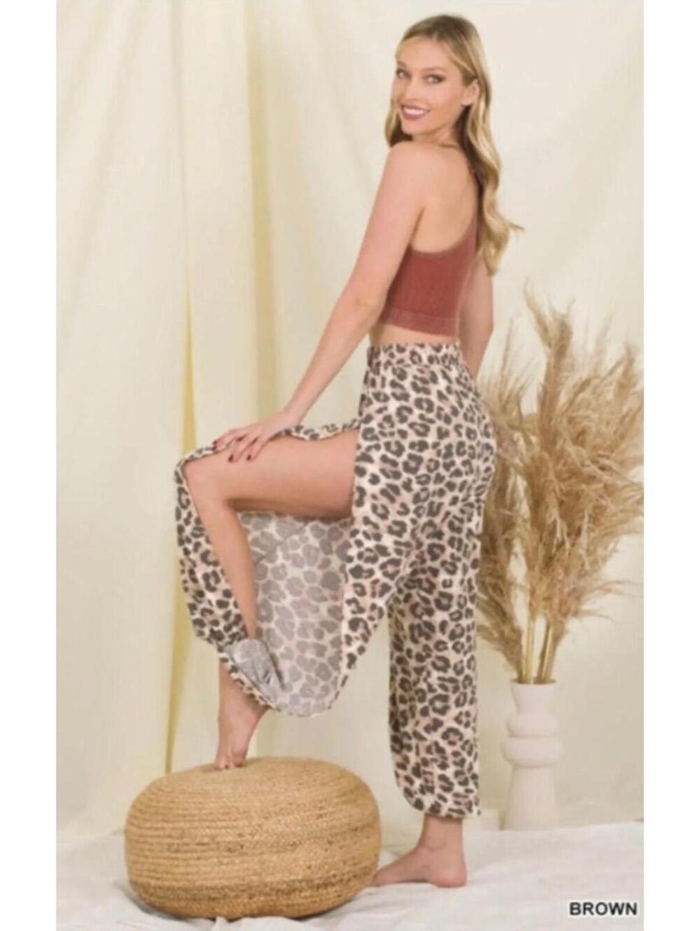 Zenana Brown Leopard Print Harem Pants 2X Boho Wide Leg Slit Pants Plus Size - Picture 2 of 7